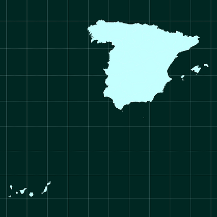 Mercator projection map of Spain in whitened-cyan and night teal