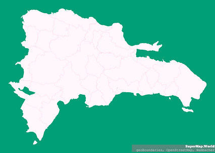 Mercator projection map of Dominican Republic showing boundaries in whitened-pink and aquamarine