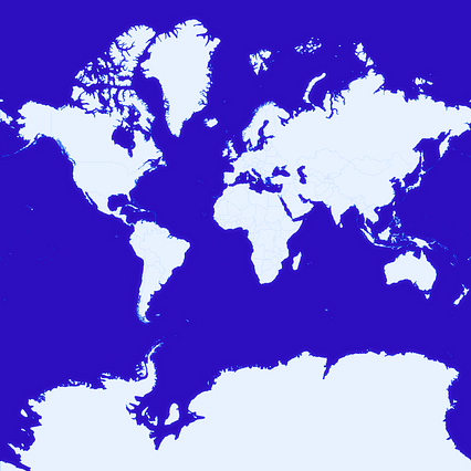 Mercator projection map of the World focused on the World in whitened-azure and dim indigo