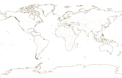 Cylindrical Stereographic projection map of the World focused on the World in dark amber on transparent background