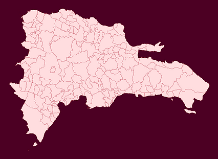 Mercator projection map of Dominican Republic showing municipalities boundaries in dark red and night rose