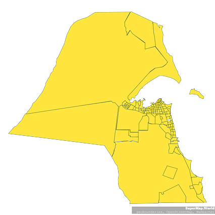 Mercator projection map of Kuwait showing areas boundaries in night teal on transparent background