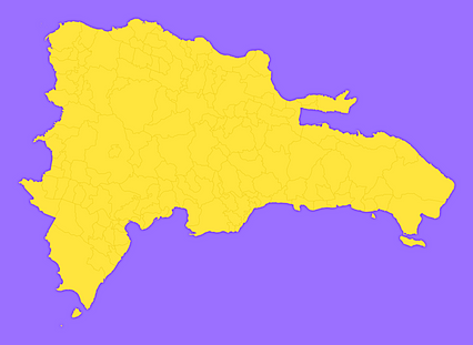 Mercator projection map of Dominican Republic showing municipalities boundaries in violet and maize-yellow