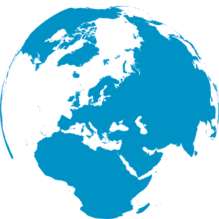 Orthographic projection map of the World focused on Belarus in dim azure on transparent background