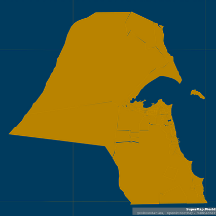 Kuwait map (Mercator projection) showing areas boundaries in dim azure ...