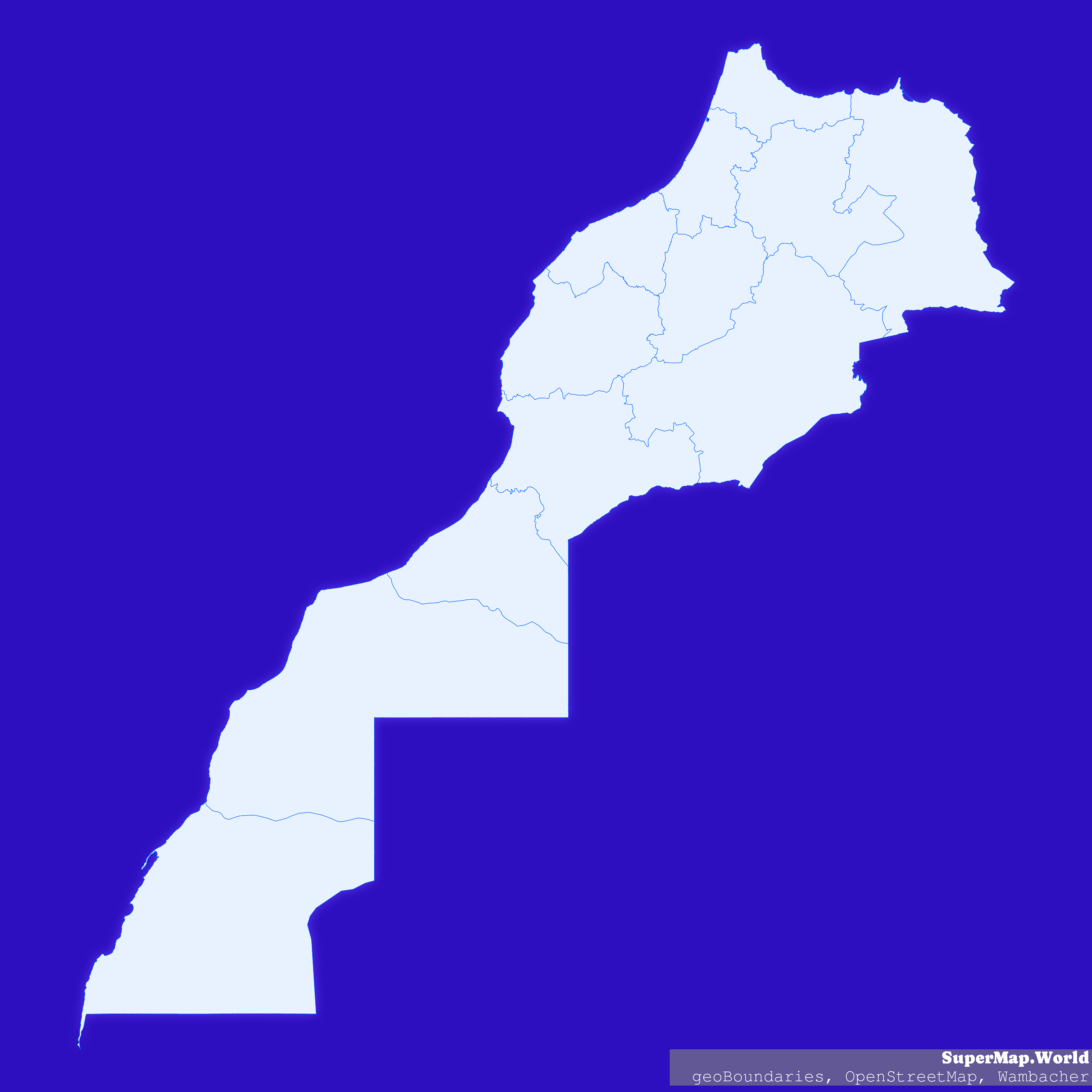 Morocco map (Mercator projection) showing region boundaries in