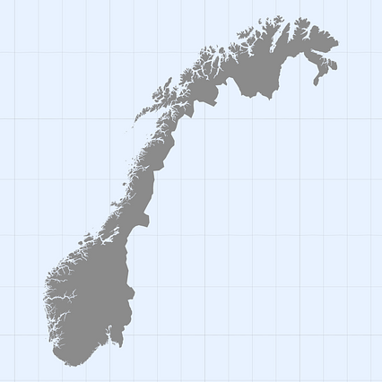 Mercator projection map of Norway in gray and whitened-azure