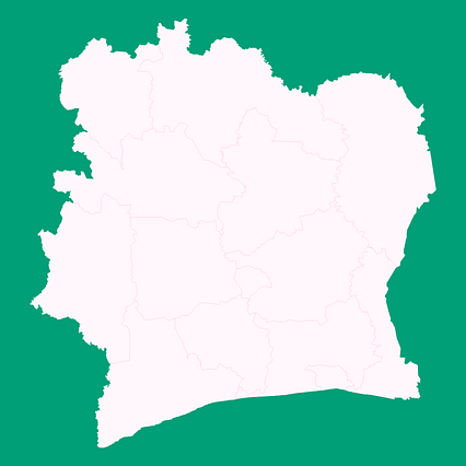 Mercator projection map of Côte d'Ivoire showing districts de côte d’ivoire boundaries in whitened-pink and aquamarine