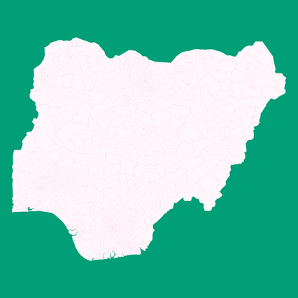 Mercator projection map of Nigeria showing local government areas boundaries in whitened-pink and aquamarine