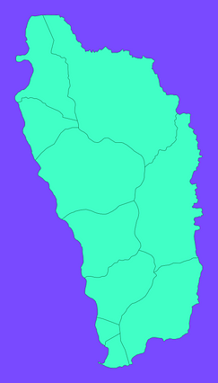 Mercator projection map of Dominica showing parish boundaries in dim violet and dark emerald