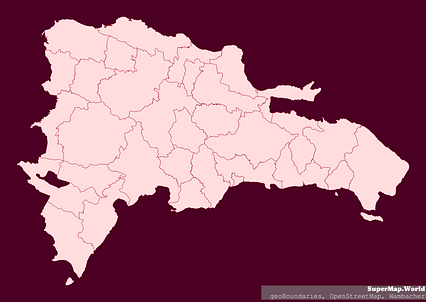 Mercator projection map of Dominican Republic showing boundaries in dark red and night rose